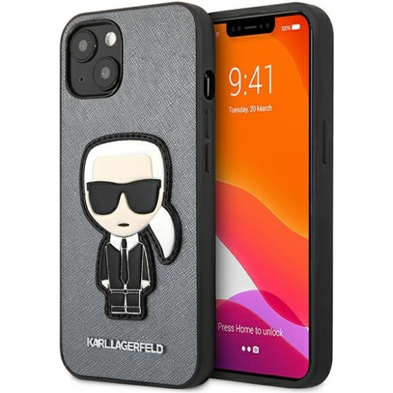 Karl Lagerfeld KLHCP13SOKPG�Iphone 13mIni 5,4'' Silver Hardcase Saffiano Ikonik Karl`s Patch - (KLHCP13SOKPG)
