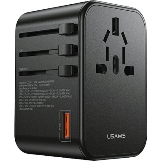 Usams Adapter Siec 1xUSB+2xUSB-C T62 65W4w1 US/AU/EU/Uk czarny/Black (US-CC199) Univesal Travel Charger - (CC199TC01)