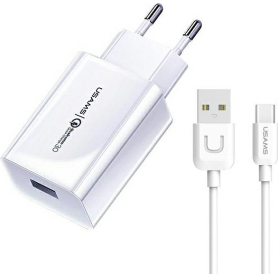 Usams Lad. siec. 1xUsb T22 18W 3A QC3.0+ Kabel USB-C 1m bialy/White (T48) - (T48OCLN01)