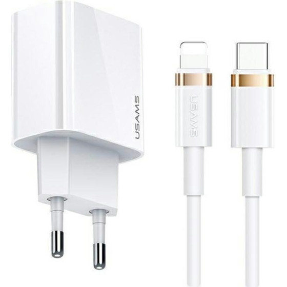 Usams Lad. siec. 1xUSB-C T34 20W 5V-3APD3.0 + Kabel U63 USB-C Do Lightning 20W bialy/White (T49) T49 - (T49OCLN01)