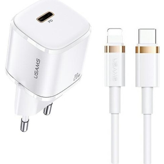 Usams Lad. siec. 1xUSB-C T36 Mini 20W+ Kabel USB-C-Lightning bialy/White PD3.0 Fast Charging (US-CC124+US-SJ484) - (XFKXLOGTL02)