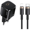 Usams Lad. siec. 1xUSB-C T36 Mini 20W+ Kabel USB-C-Lightning czarny/Black PD3.0 Fast Charging (US-CC124+US-SJ484) - (XFKXLOGTL01)