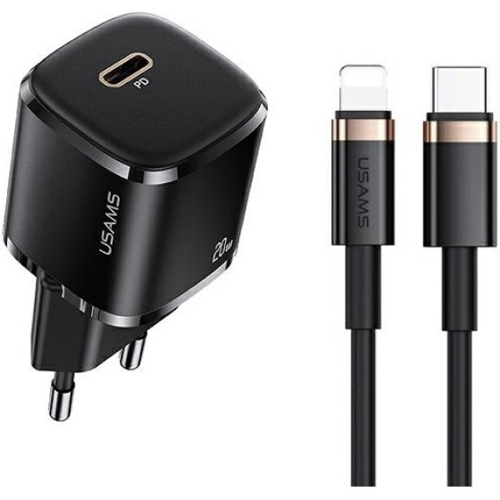 Usams Lad. siec. 1xUSB-C T36 Mini 20W+ Kabel USB-C-Lightning czarny/Black PD3.0 Fast Charging (US-CC124+US-SJ484) - (XFKXLOGTL01)