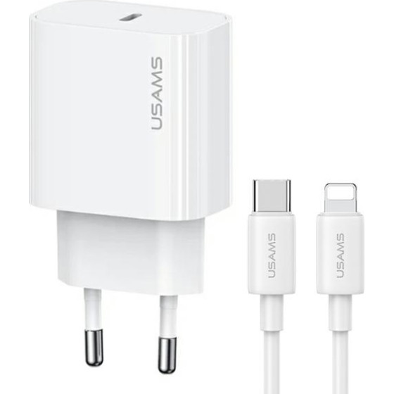 Usams Lad. siec. 1xUSB-C T65 PD20WPd Fast Charging US-CC226 + Kabel USB-C/Lightning US-SJ712 30W Bia - (OYXLTZ02)
