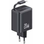 Usams Lad. siec. 1xUSB-C Ze Zwijanymkablem USB-C Retractable PD+Qc 20W Gan Fast Charging czarny/Blac - (CC233TC01)