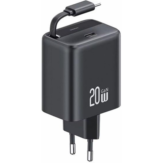 Usams Lad. siec. 1xUSB-C Ze Zwijanymkablem USB-C Retractable PD+Qc 20W Gan Fast Charging czarny/Blac - (CC233TC01)