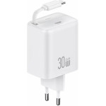 Usams Lad. siec. 1xUSB-C Ze Zwijanymkablem USB-C Retractable PD+Qc 30W Gan Fast Charging bialy/White - (CC241TC02)