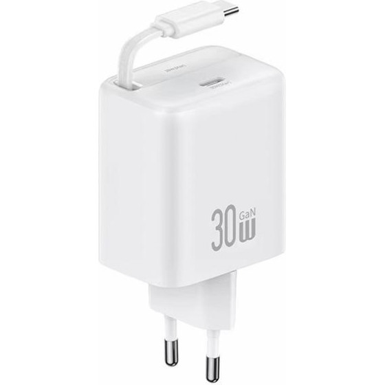 Usams Lad. siec. 1xUSB-C Ze Zwijanymkablem USB-C Retractable PD+Qc 30W Gan Fast Charging bialy/White - (CC241TC02)