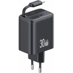 Usams Lad. siec. 1xUSB-C Ze Zwijanymkablem USB-C Retractable PD+Qc 30W Gan Fast Charging czarny/Blac - (CC241TC01)