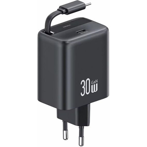 Usams Lad. siec. 1xUSB-C Ze Zwijanymkablem USB-C Retractable PD+Qc 30W Gan Fast Charging czarny/Blac - (CC241TC01)