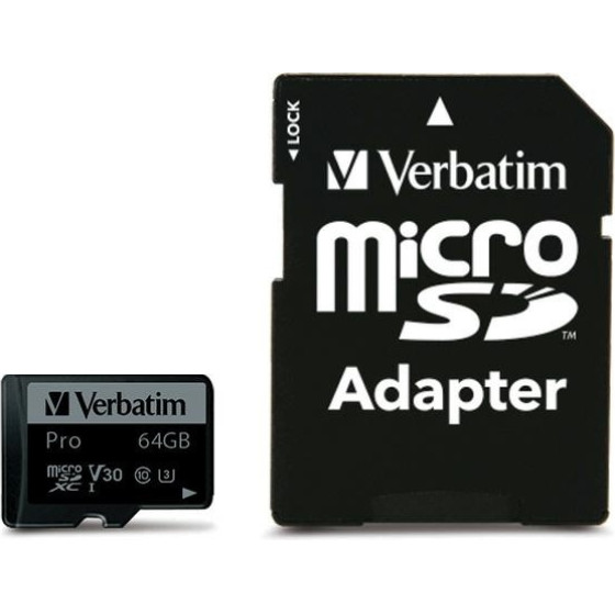 Verbatim 64GB Microsd Card + Adapter Pro U3 Black - (47042)