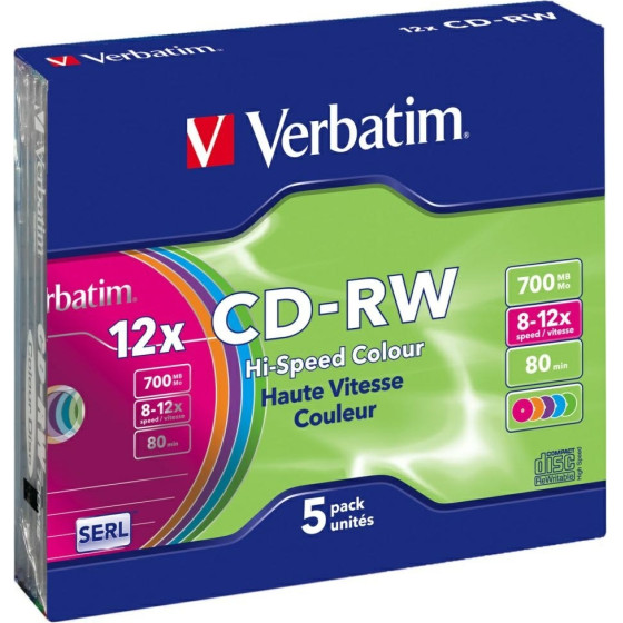 Verbatim CD-Rw Colour Sl 700MB 8-12X 5-Pack Multicolor - (43167)