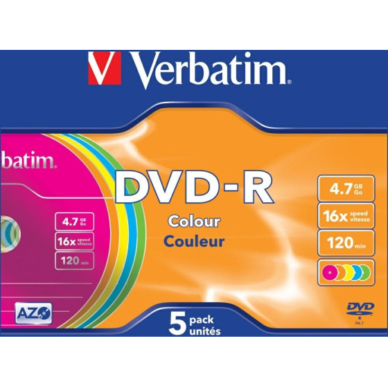 Verbatim DVD-R Colour Slim Disc 4.7GB 16X 5pCs Multicolored - (43557)
