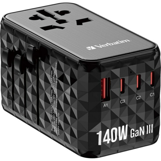 Verbatim Travel Adapter EU/UK/Us Gan USB-A/3xUSB-C Pd 140W UTA-10 Black - (32125)