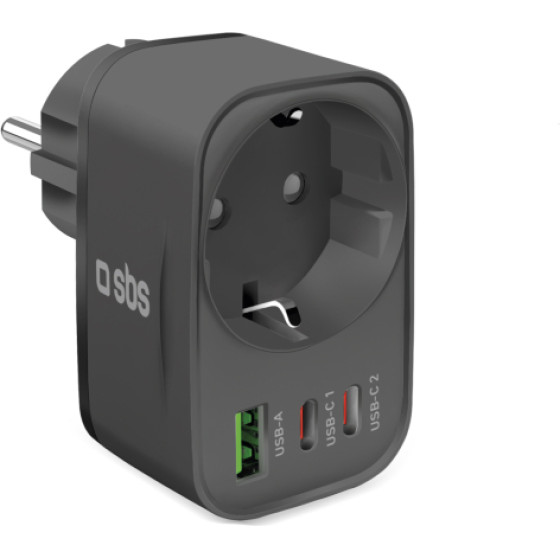 SBS Multiplug Wall Charger Usb And 2xUSB-C Pd 30W Black - (TRPLUG1USB2CPD)