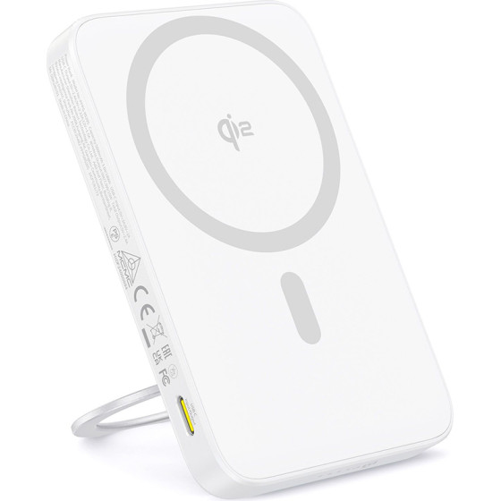 Baseus - Power Bank Picogo (P10076800213-01) - Type-C, Qi2, Fast Charging, 20W, 5000mAh, Rotable Stand, Cable Type-C - White