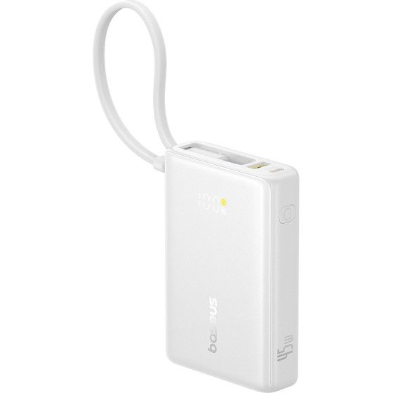 Baseus - Power Bank Picogo - Type-C, USB, Fast Charging, 45W, 10000mAh, Built-In Type-C Cable - White - (P10076803213-00)