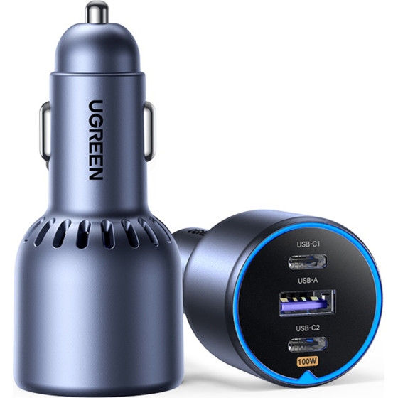Ugreen - Car Charger EC705 (55511) - For Phone, Laptop, Fast Charge, Led Light, 2x USB-C, USB, 130W, With Type-C Cable - Grey - (55511;EC705)