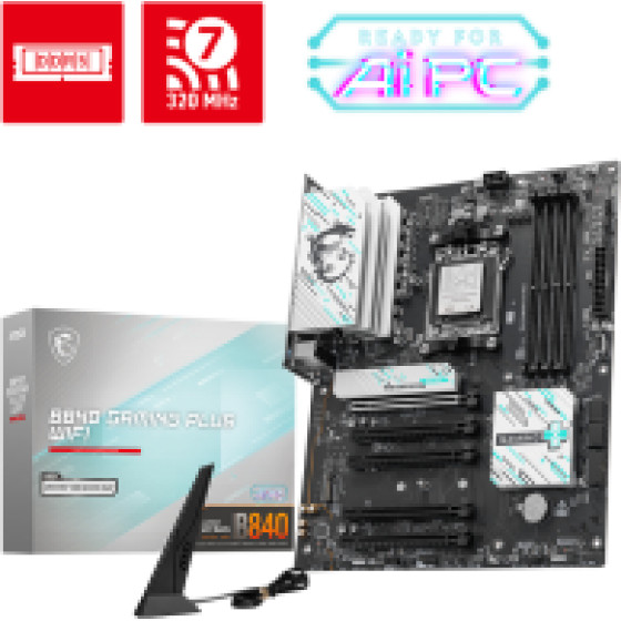 MSI MB B840 GAMING PLUS WIFI, SOCKET AMD AM5, CS AMD B840, 4 DIMM SOCKETS DDR5, HDMI, PCI-E GEN 4, LAN 2.5G, WIFI, ATX, 3YW.