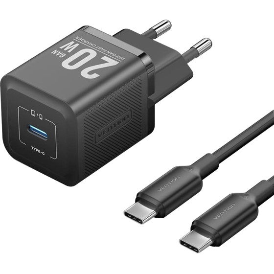 Vention - Wall Charger - Type-C, Eu Plug, 20W, Gan Technology, Smart Charging, With Cable Type-C, 1m - Black - (TZ-FEPB0-EU-01)