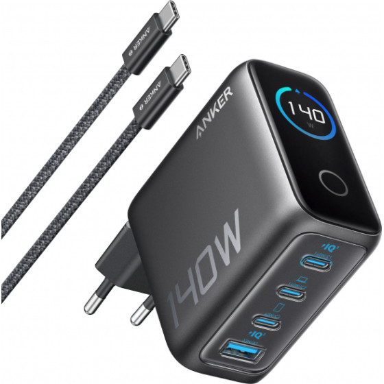 Anker Wall Charger Zolo, 140W, 5A, 1 x USB-A - 3 x USB-C, With USB-C Cable, Black - (B2697GZ1)
