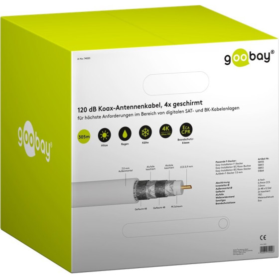 Goobay 120 Db Sat Coaxial Cable, 4x Shielded, Ccs 305m - (74020)