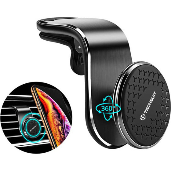 Techsuit - Car Holder Airgrip (S8) - Waterfall-Shaped, Magnetic N52 Secure Grip, For Air Vent, Clamp Grip - Black / Silver