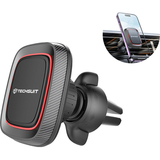 Techsuit - Car Holder Maggrip (S4) - Secure Magnetic Grip For Air Vent, 360� Rotation, With Metal Plates - Black/Red