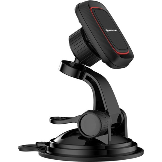 Techsuit - Car Holder Maggrip (S6) - For Dashboard, Magnetic Grip, 360� Rotation, Suction Cup, 2 Metal Plates - Black/Red