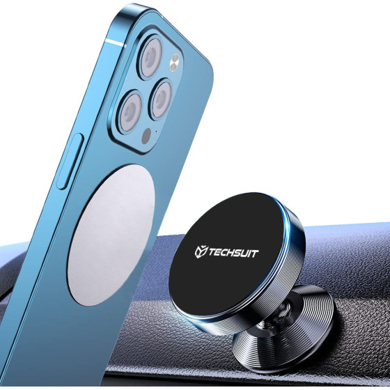 Techsuit - Car Holder Tinygrip (S10) - Universal Magnetic Mobile Mount, With Metal Plate, Strong Magnet - Black