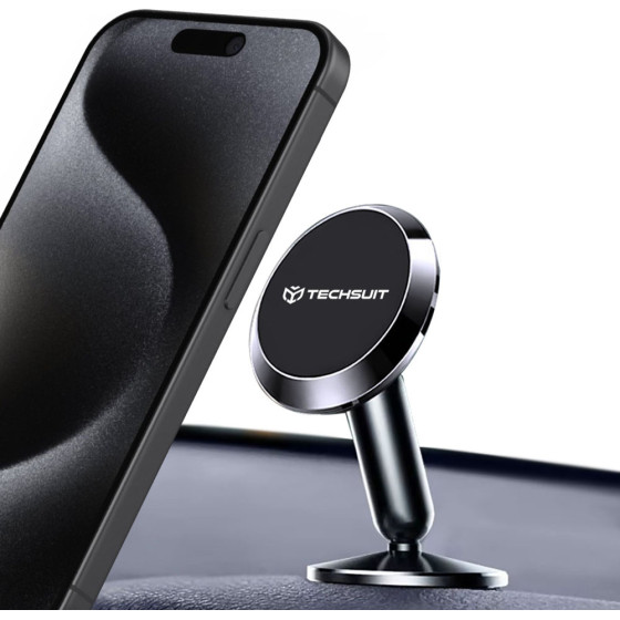 Techsuit - Car Holder Tinygrip (S11) - Universal Magnetic Mobile Mount, With Metal Plate, Strong Magnet, 3M Adhesive - Black