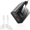 Techsuit - Premium Wall Charger Pentaxpower (CHC1) - Type-C Cable Included, 3x USB, 2x Type-C Pd 25W, 65W, GaN, 1m - Black