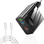 Techsuit - Premium Wall Charger Pentaxpower (CHC1) - Type-C Cable Included, 3x USB, 2x Type-C Pd 25W, 65W, GaN, 1m - Black