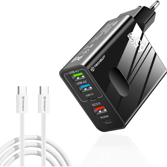 Techsuit - Premium Wall Charger Pentaxpower (CHC1) - Type-C Cable Included, 3x USB, 2x Type-C Pd 25W, 65W, GaN, 1m - Black