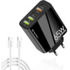 Techsuit - Premium Wall Charger Pentaxpower (CHC2) - Type-C Cable Included, 3x Usb Qc 3.0, 2x Type-C Pd 20W, 65W, 1m - Black