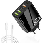 Techsuit - Premium Wall Charger Pentaxpower (CHC2) - Type-C Cable Included, 3x Usb Qc 3.0, 2x Type-C Pd 20W, 65W, 1m - Black