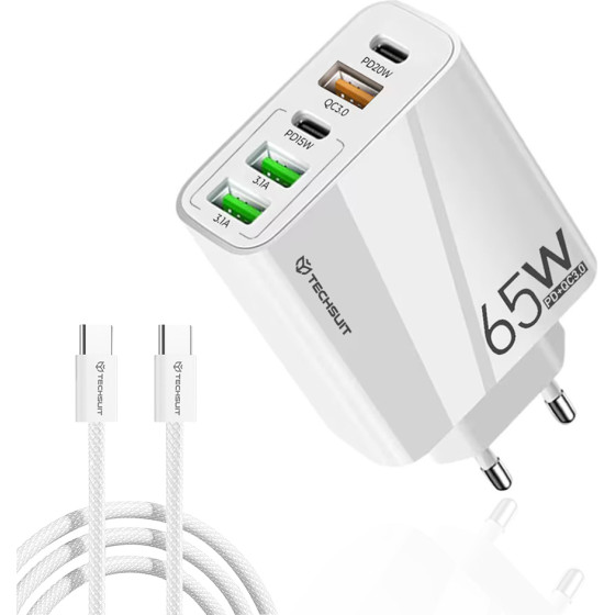 Techsuit - Premium Wall Charger Pentaxpower - Type-C Cable Included, 3x Usb Qc 3.0, 2x Type-C Pd 20W, 65W, 1m - White - (CHC2)