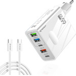 Techsuit - Premium Wall Charger Pentaxpower - Type-C Cable Included, 3x USB, 2x Type-C Pd 25W, 65W, GaN, 1m - White - (CHC1)