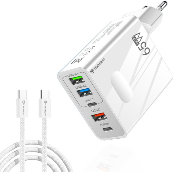 Techsuit - Premium Wall Charger Pentaxpower - Type-C Cable Included, 3x USB, 2x Type-C Pd 25W, 65W, GaN, 1m - White - (CHC1)