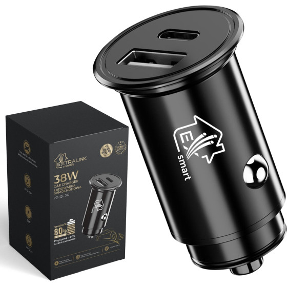 EXTRALINK Smart Life Car Charger | 38W, 1x USB-C, 1x USB-A | Black - (CARCHARESL01)
