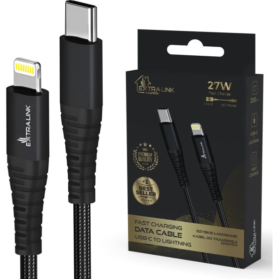 EXTRALINK Smart Life Usb Type-C To Lightning Cable Braided Black | USB-C To Lightning Cable | 27W, 200cm - (CABESL03)