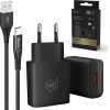 EXTRALINK Smart Life | Usb Type-A To Type-C Cable set, 200cm, Black + 12W Charger | Black - (CAB-CHAR-SET01)