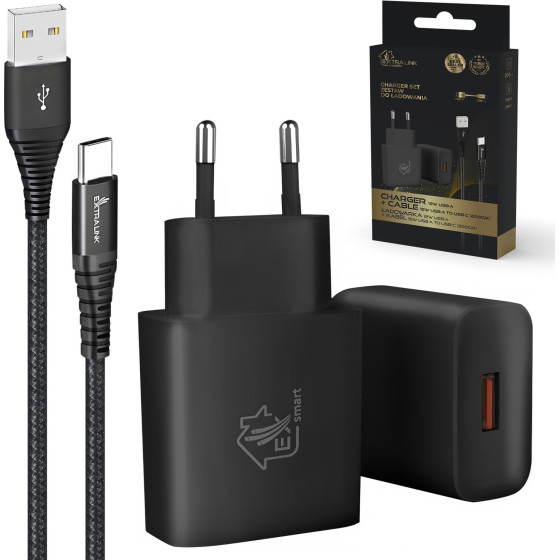 EXTRALINK Smart Life | Usb Type-A To Type-C Cable set, 200cm, Black + 12W Charger | Black - (CAB-CHAR-SET01)