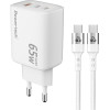 Powertech ��������� ������ �� �������, USB/2x USB-C, 65W, GaN, ������ - (PT-1415)