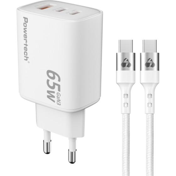 Powertech ��������� ������ �� �������, USB/2x USB-C, 65W, GaN, ������ - (PT-1415)