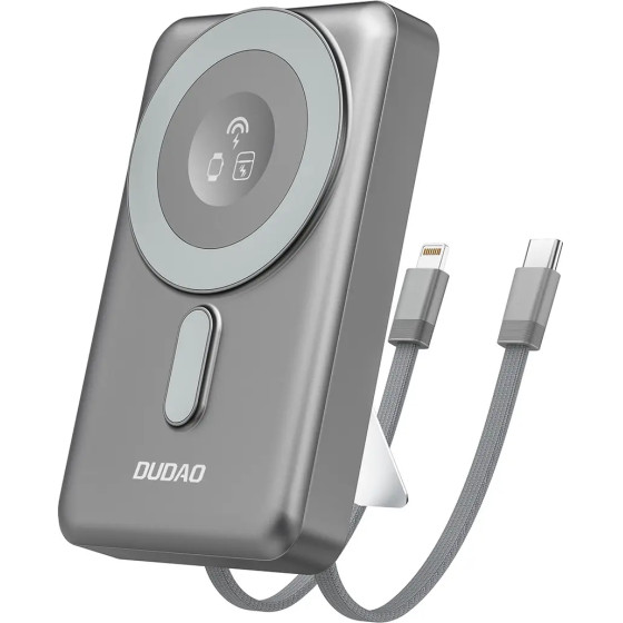 Dudao K29 10000mAh Pd 20W Magsafe Power Bank With Metal Case, Stand And Built-In USB-C/ Lightning Cables - Gray - (K29 grey)