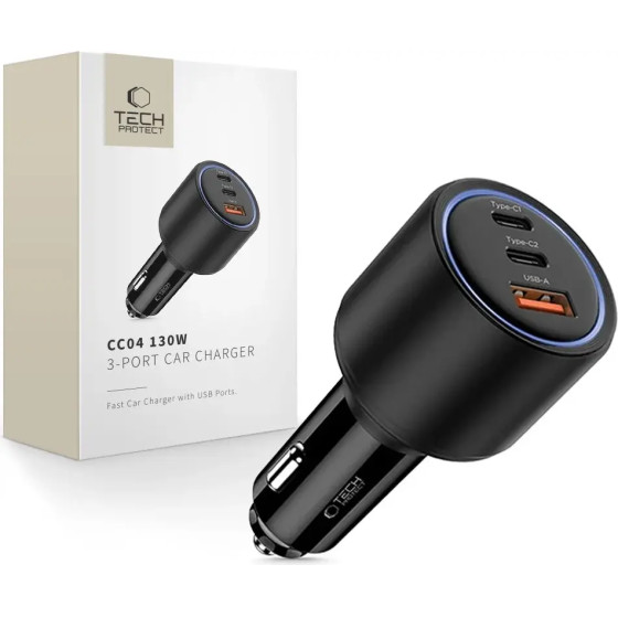 Tech-Protect CC04 3-Port PD130W Car Charger - Black - (27659-0)