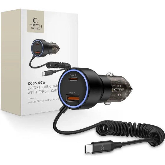 Tech-Protect CC05 Car Charger 2-Port PD60 W + USB-C Cable - Black - (27661-0)