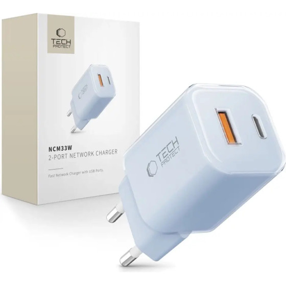 Tech-Protect NCM33W 2-Port PD33W/QC3.0 Wall Charger - Blue - (27702-0)