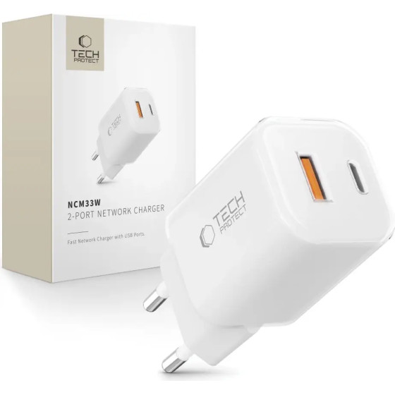 Tech-Protect NCM33W 2-Port PD33W/QC3.0 Wall Charger - White - (27701-0)
